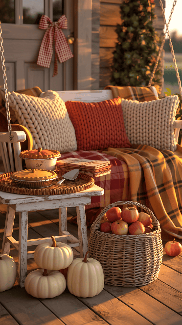 Medium, cozy vignette focusing on a porch swing scene: swing draped with oversized plaid throws in mustard and cranberry, knit pillows in cream and pumpkin; a small whitewashed side table holding a rattan tray styled with faux mini pies, a ceramic pie server, and a neat stack of gingham napkins; white pumpkins clustered around a wicker basket of apples at the base; a gingham bow tied to the door handle in the background; color palette of mustard, cranberry, cream, and warm wood; chunky knit, wicker, and soft plaid textures; warm golden-hour natural light, photorealistic, no people.