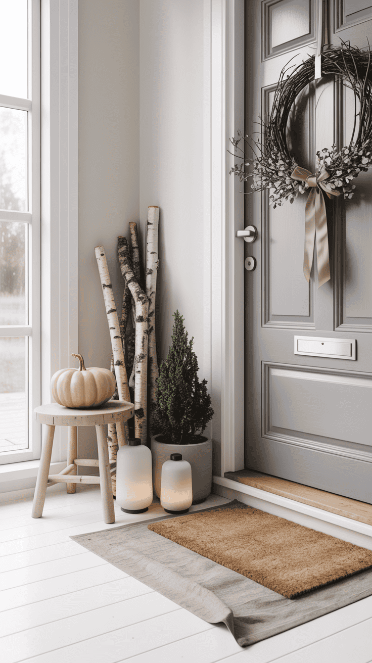Detail-oriented, minimalist straight-on shot of a Scandinavian porch corner: bleached wood stool beside a narrow birch log bundle and a single oversized white pumpkin; linen-look doormat layered with a pale taupe runner leading toward a soft gray door; a simple willow wreath with a hint of dried lunaria and a thin oatmeal ribbon; two matte white lanterns and a small potted rosemary topiary; brushed nickel minimal house number plaque; palette of oatmeal, soft gray, white, and pale wood; linen, matte ceramic, and smooth birch textures; bright overcast daylight for airy calm, photorealistic, no people.