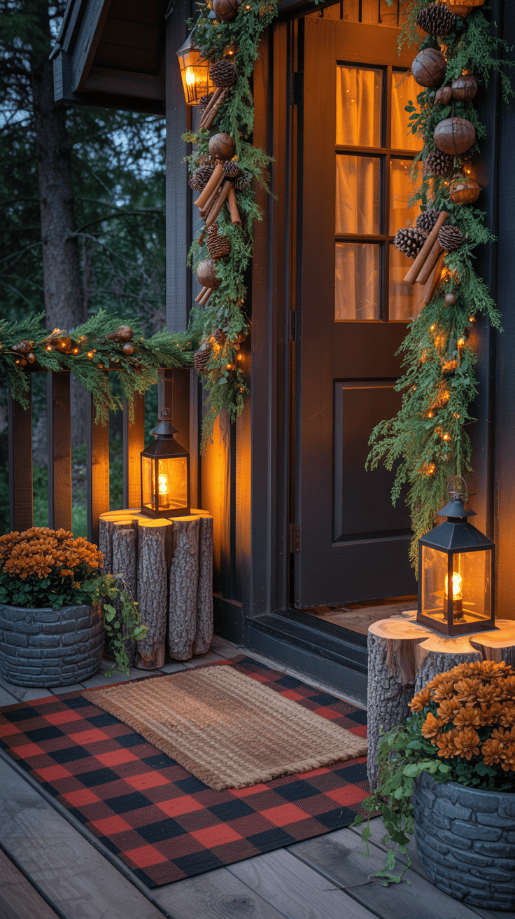 Wide shot capturing a rustic lodge entry: a buffalo check outdoor rug under a heavy coir mat; doorway flanked by chunky log stools topped with blackened iron lanterns emitting warm glow; pine boughs and cedar garland draped along the railing with tucked-in pinecones, cinnamon sticks, and subtle amber twinkle lights; rugged stone planters filled with russet mums and trailing ivy; deep red, forest green, charcoal, and natural wood palette; woven plaid, raw stone, and iron textures; evening ambiance with twinkle lights and lanterns illuminating, photorealistic, no people.