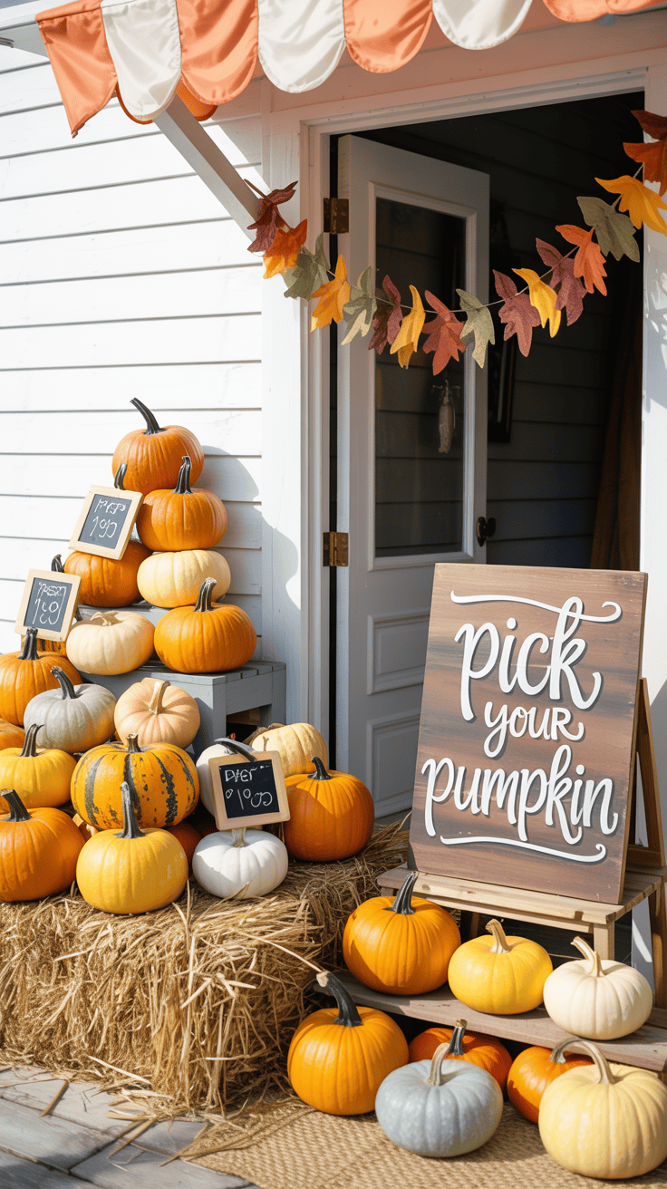 Dynamic, playful wide shot of a pumpkin patch party porch: cheerful pumpkin pyramid built on hay bales and wooden risers mixing candy-corn orange, cornflower/sky blue, buttery yellow accents, and creamy white pumpkins; felt leaf garland strung across the doorway; a hand-lettered board leaning nearby reading “Pick Your Pumpkin”; a striped awning vibe created with a scalloped edge valance framing the top; chalkboard price tags tied to pumpkin stems; textures of felt, straw, and painted wood; bright daylight with crisp shadows for a whimsical mood, photorealistic, no people.
