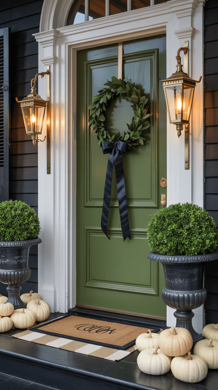 Symmetrical, straight-on medium-wide shot of classic colonial elegance: black pedestal urns on each side of a lacquered laurel green (or colonial blue) door, filled with neatly clipped boxwood; a monogrammed coir mat layered over a neutral striped runner; brass carriage lanterns mounted or set beside the door casting a refined warm glow; a restrained cluster of ivory pumpkins at the base; a simple laurel wreath with a single navy satin ribbon centered on the door; palette of laurel green, navy, ivory, black, and brass; polished metal, crisp paint, and natural fiber textures; soft evening light, photorealistic, no people.