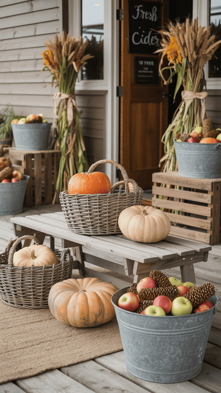 Wide, straight-on shot of a rustic harvest porch styled like a farm stand: a slatted wooden bench over a jute rug, woven baskets filled with heirloom pumpkins in soft creams and muted oranges, bundles of wheat and corn stalks tied with twine leaning by the doorway, crate side tables, and a galvanized tub filled with apples and pinecones. Natural wood tones, oatmeal, cream, cinnamon, and muted pumpkin hues throughout. Include a hand-painted “Fresh Cider” sign and a trio of galvanized buckets. Soft late-afternoon natural light for a warm, welcoming mood; loose, organic styling as if freshly arranged from a farm truck haul. Photorealistic.
