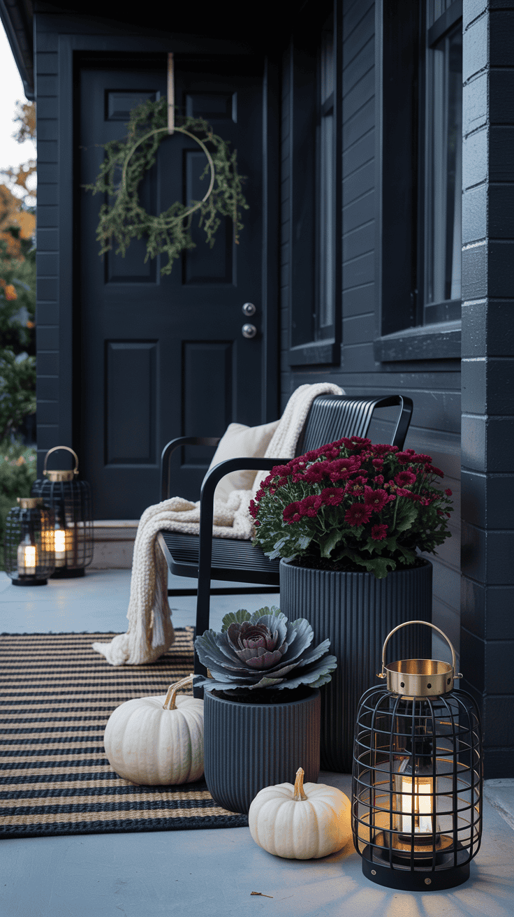 Medium shot from a slight corner angle of a moody modern porch anchored by matte black: a black metal bench with a cream knit throw, charcoal ribbed planters holding deep-hued mums and ornamental cabbage, white pumpkins for contrast, and a striped black-and-ivory runner grounding the entry. Add a minimalist olive-branch wreath on a black door and a trio of black metal lanterns with warm brass accents. Color palette: black, charcoal, ivory, brass, olive green. Evening twilight with lanterns casting soft brass-toned glow; clean lines and dramatic contrast. Photorealistic.