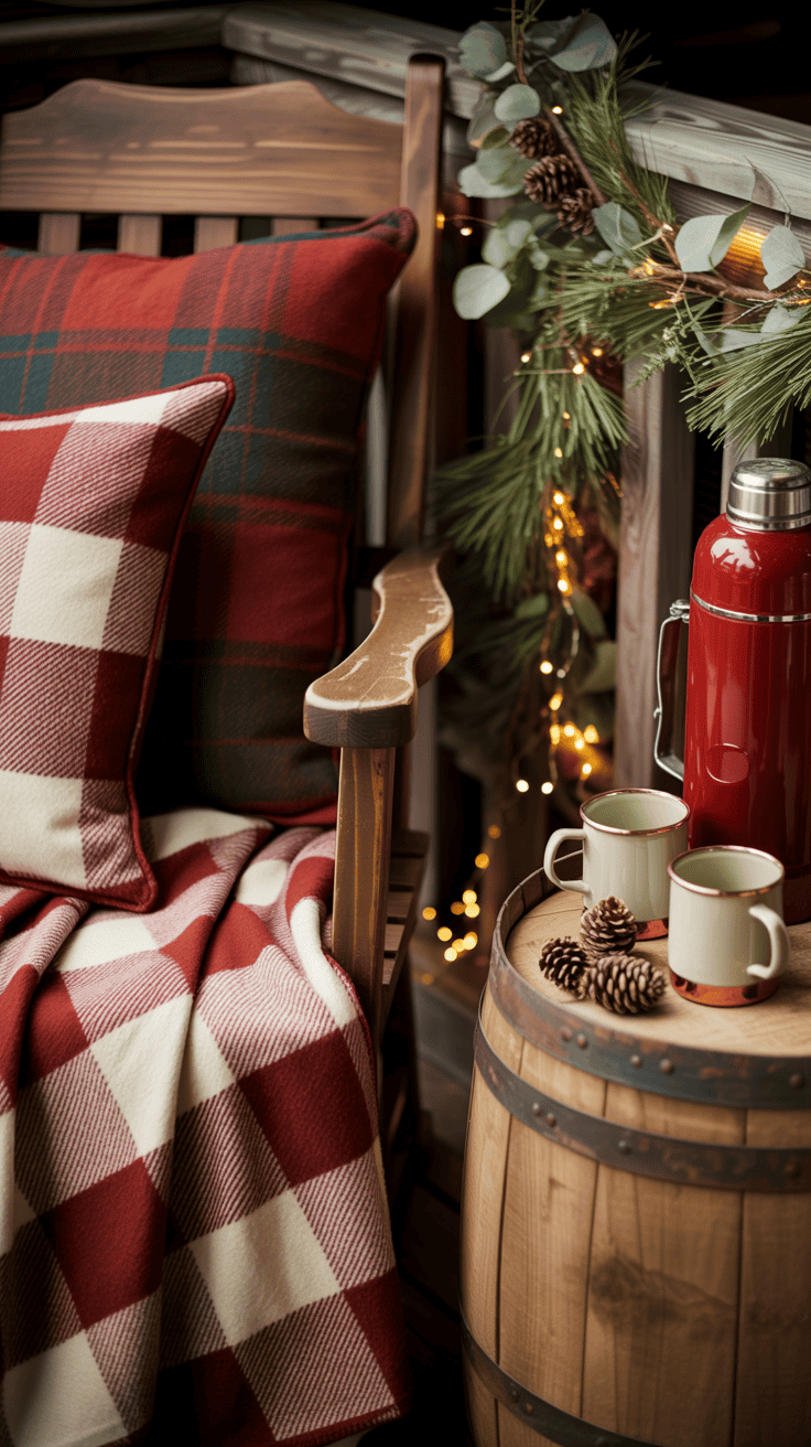 Detail closeup of a cozy cabin vignette: a buffalo-check blanket draped over a weathered wood rocker, red-and-forest plaid pillows with flannel texture, and a barrel side table holding a vintage red thermos and enamel mugs. Pine garlands mixed with eucalyptus trail along the railing, tucked with mini pinecones and tiny copper fairy lights. Color palette: deep red, evergreen, walnut, copper, cream. Low warm ambient light highlighting wood grain and fabric weave; tactile lodge vibe without feeling theme-y. Photorealistic.