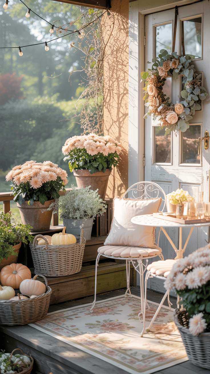 Wide, airy straight-on shot of a cottage garden porch in soft pastels: a floral outdoor rug beneath a white iron bistro set with scalloped cushions, baskets of pastel pumpkins and pale gourds, and aged terracotta pots planted with pale pink mums and dusty miller. A linen wreath with dried roses and eucalyptus hangs on the door, and delicate string lights drape overhead like a halo. Color palette: blush, sage, cream, dusty blue, terra-cotta. Gentle morning light for a romantic, dreamy atmosphere. Photorealistic.