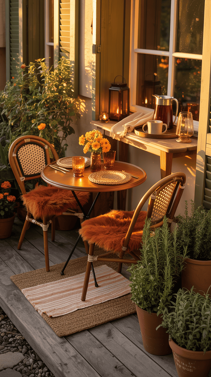 Medium shot from a cozy dining perspective of a harvest bistro porch: a round warm-wood café table with two bistro chairs featuring cushy seat pads, set with amber glassware, a petite vase of marigolds, and woven chargers. A slim console or plant stand nearby holds lanterns, folded napkins, and a tray ready for mulled wine. Layered doormats at the entry—striped cotton base with coir on top—and potted rosemary, thyme, and sage adding scent and texture. Color palette: honey, amber, terracotta, olive, cream. Golden-hour lighting for intimate café ambiance. Photorealistic.