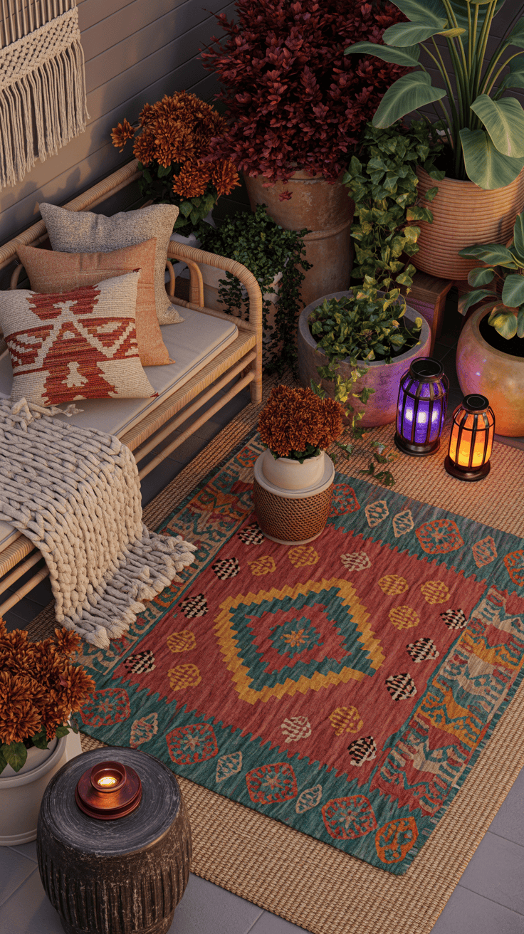 Detail overhead shot of boho layers and texture: a jute base rug topped with a patterned kilim, part of a low rattan daybed piled with kilim pillows and a chunky knit throw entering frame, mixed planters (terracotta, basket, ceramic) filled with burnt orange mums, burgundy coleus, and trailing ivy. A macramé wall hanging visible at the edge and a carved wooden stool used as a side table. Jewel-tone lanterns with colored glass softly glowing at dusk. Color palette: rust, marigold, burgundy, teal, sandy neutrals. Photorealistic.