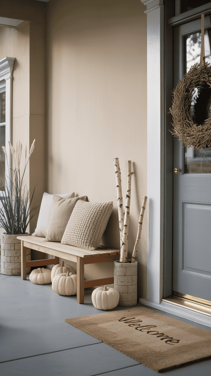 Minimal Nordic porch, wide shot at a clean straight-on angle: a simple teak bench with two textured cushions (nubby wool and linen) against a light façade, neatly clustered white pumpkins and birch logs, and two stone cylinder planters with tall grasses flanking the entry. A straw wreath adds understated texture on the door; a neutral doormat with a small embossed “welcome.” Color palette: cream, birch, fog gray, soft oat. Soft, diffuse daylight for a serene, clutter-free mood. Photorealistic.