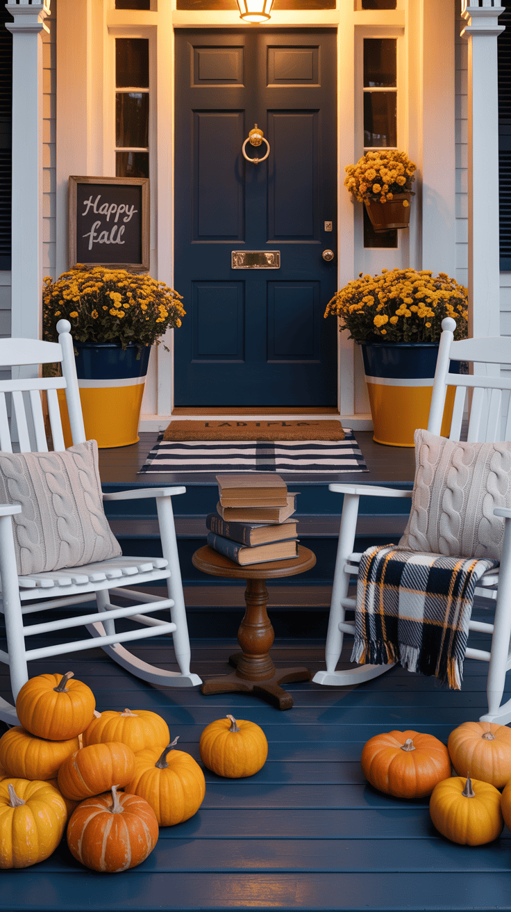 Medium corner-angle shot of a classic Americana porch with schoolhouse spirit: a navy front door, striped runner at the threshold, and a pair of white or deep navy rocking chairs with cable-knit pillows. Painted buckets overflow with marigold mums; a chalkboard sign reads “Happy Fall.” A small pedestal table holds a stack of antique books, with traditional orange pumpkins scattered nearby and a folded stadium blanket draped over a rocker arm. Brass door knocker or mail slot for heritage detail. Color palette: navy, marigold, pumpkin orange, crisp white, brass. Early evening with warm porch light for nostalgic polish. Photorealistic.