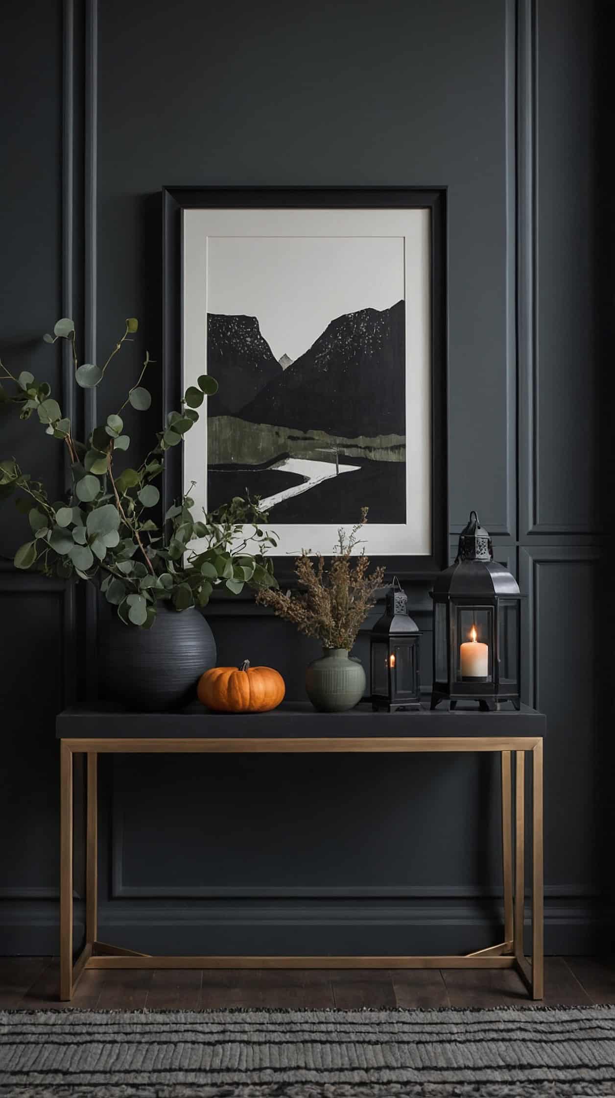 Medium shot of a moody modern entry in charcoal and deep slate tones, evening ambience: slim black console table against a charcoal wall, burnished copper lanterns flanking it with linear LED candles glowing softly, smoky glass vases with eucalyptus, modern metal pumpkins, a small stack of design books. Minimal textiles—a graphite throw on a low-profile chair nearby, stripe-on-solid rug combo underfoot. Muted green accents, matte black planters at the edges. Sleek, architectural feel, photorealistic.