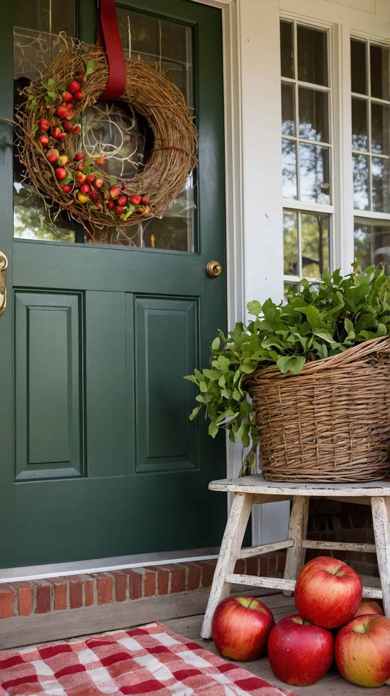 Corner-angle medium shot of an orchard-inspired porch in crisp daylight: white rocking chair with a berry-red gingham pillow, barn-red metal side table holding two warm cider mugs, wire baskets lining the steps piled with green-and-red heirloom apples, galvanized buckets of marigolds, natural grapevine wreath on the door with tiny faux apples and cinnamon sticks. Straw bales tiering soft-toned pumpkins for height, red-and-cream striped outdoor rug underfoot. Color story: apple red, crisp white, galvanized silver, harvest green.
