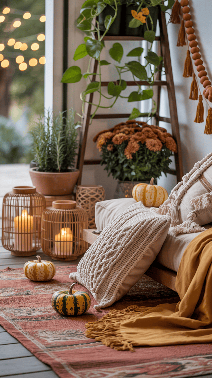 Detail closeup of boho textures on a low wood daybed: terracotta-toned outdoor rug beneath, macramé pillows in cream, a mustard throw draped casually, small speckled pumpkins scattered for texture. In background bokeh, a ladder-style plant stand with trailing pothos and rust-colored mums, woven rattan lanterns with warm LED candles, clay pots of sage and rosemary, and a beaded tassel garland softly draped along the doorframe. Warm, sun-washed light, photorealistic.