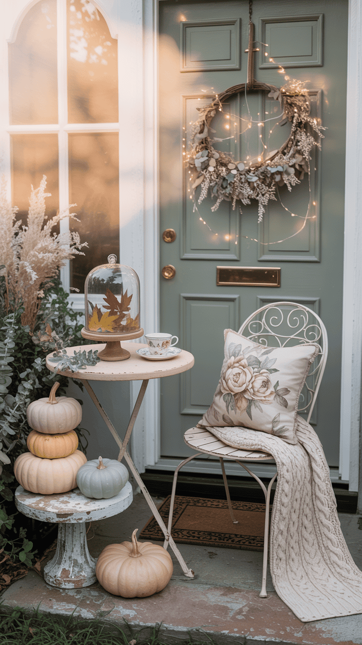 Wide, straight-on cottagecore entry in gentle morning light: door painted dusty sage or duck-egg blue, lace-trimmed doormat, petite bistro set with a floral cushion on the chair and a cream cable-knit throw, small round table styled with a teacup and a pressed-leaf cloche. Muted pastel pumpkins—pale blush, buttercream, foggy blue—stacked on wooden cake stands for whimsical height; delicate dried flower wreath on the door with twinkle micro-lights woven in. Soft, storybook mood.