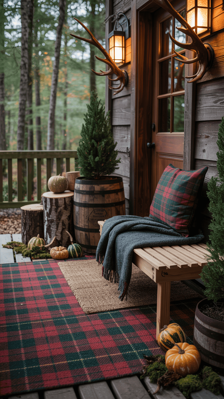 Medium shot of a woodland cabin porch in cool, dappled light: red-and-forest-green plaid rug layered beneath a heavy coir mat, slatted wood bench with plaid pillows and a charcoal wool throw. Mini evergreen trees in whiskey barrels flanking the door, birch logs tucked beside iron lanterns with amber glass. Swap traditional pumpkins for gnarled gourds and mossy accents clustered near the steps. Color story: forest green, oxblood red, bark brown, charcoal. Antler-inspired wall hook mounted near the door.
