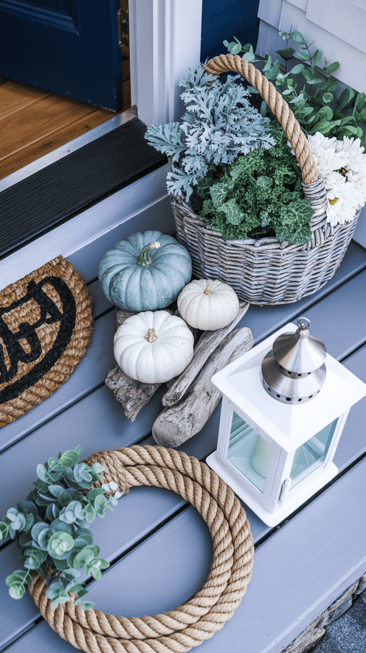 Overhead detail shot of coastal harvest styling on a porch step: white and blue-gray pumpkins grouped with pieces of driftwood, woven rope doormat edge visible, brushed nickel accent peeking from a whitewashed lantern. Rope-handled basket planter with silvery dusty miller, ornamental kale, and white mums; a coil of natural rope leading to a rope-wrapped wreath with eucalyptus leaves. Navy door color framed at the top edge; sea-salt gray tones, crisp and breezy, photorealistic.