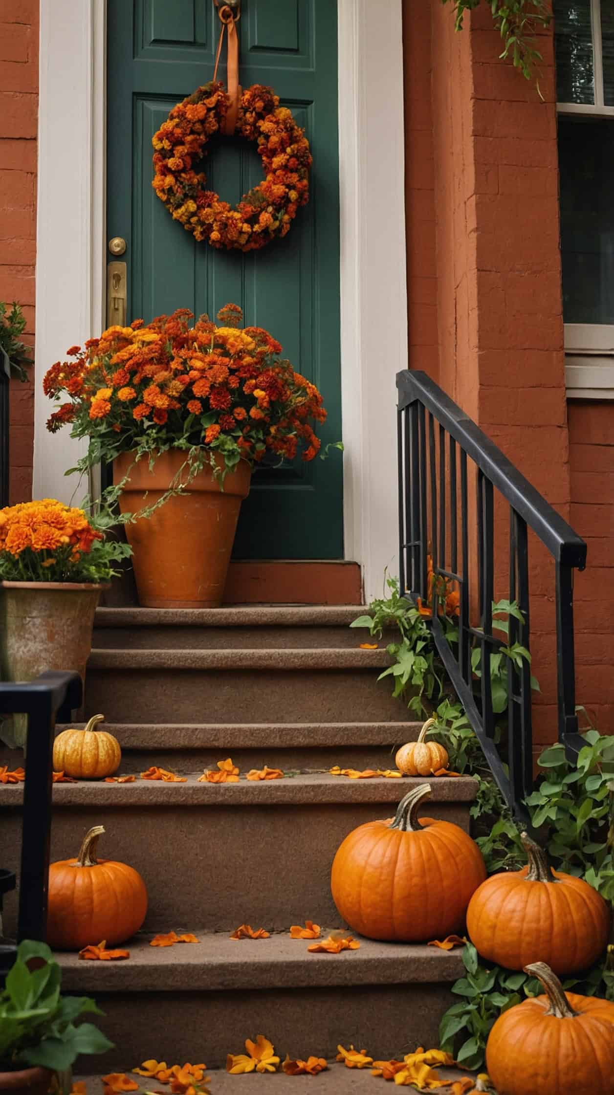 Wide, slightly low-angle maximalist entry at golden hour: steps blanketed with marigold mums, burnt orange chrysanthemums, and cascading coleus in terracotta pots; pumpkins in every size and variety layered along the stairs. Over the door, a grand magnolia-and-marigold wreath. On one side, a black iron plant rack with amber bottles and candle clusters glowing; on the other, a wicker chair with a pumpkin-patterned pillow and cinnamon-colored throw. Patterned outdoor runner leading toward the door; color story of burnt orange, marigold, cinnamon, deep green. Photorealistic, saturated warmth.