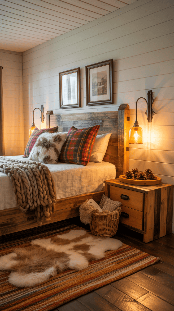 Photorealistic wide bedroom shot, “Rustic Cabin Glow” style: creamy off-white walls; large woven rug in caramel and rust; distressed wood bed frame with visible grain; chunky handknit throw at the foot; plaid flannel pillows in deep red and forest green; folded faux fur blanket and a small sheepskin at bedside; vintage landscape prints in dark wood frames above the headboard; amber-glass bedside lamps casting a warm, cabin-like glow; one wrought-iron wall sconce lit; sturdy reclaimed-wood nightstands with black metal pulls; a woven basket holding extra throws; tray with a few pinecones; evening lighting, cozy autumn atmosphere, no people, corner angle view.