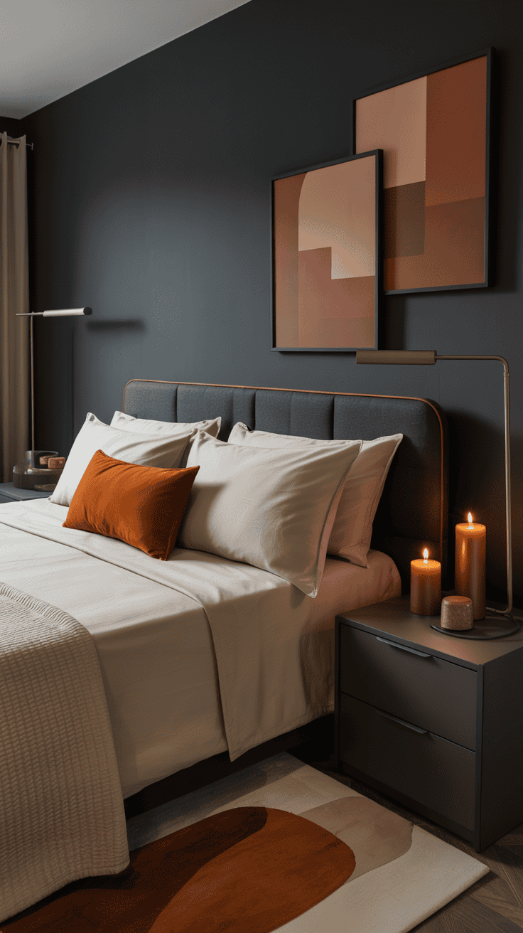 Photorealistic medium shot of a sleek “Moody Modern Harvest” bed wall: deep charcoal accent wall behind a low-profile upholstered headboard in graphite; crisp ivory bedding neatly layered; matte black side tables with clean lines; linear brass floor lamp to one side; geometric art in muted ochres and terracotta arranged above; a single burnt orange velvet lumbar pillow centered; textiles visible: nubby wool throw and quilted coverlet; flat-weave rug in rust and cream peeking at the foot; brushed brass curtain rod and drawer pulls; cedar and clove candles in matte vessels on the side table, softly lit for a polished vibe; straight-on perspective, moody evening light.