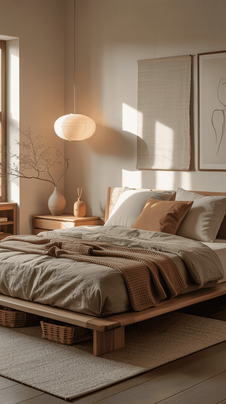 Photorealistic wide, minimalist “Earthy Japandi Retreat” bedroom: palette of moss, clay, cream, and espresso; low platform wood bed with clean lines; stonewashed linen—cream sheets, moss duvet, clay-toned throw neatly folded; minimalist nightstands; paper lantern pendant glowing softly overhead; a single ceramic vase with dried branches; art limited to a textural canvas and an ink line drawing in thin black frames; textures visible: waffle-knit blanket, wool area rug with a subtle grid, raw-edge cushions; woven baskets tucked under the bed for storage; sandalwood diffuser on a nightstand; natural morning light from the side, calm and serene, no people.