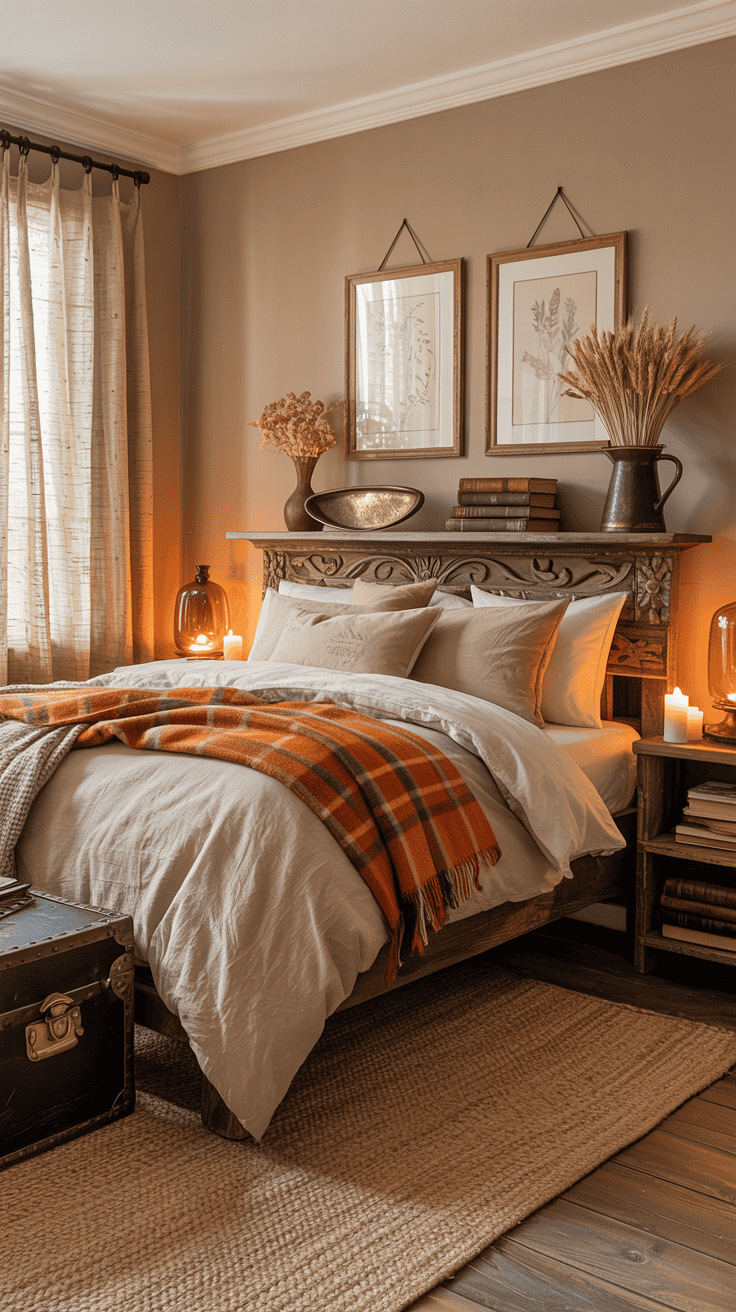 Wide shot, Rustic Harvest Retreat bedroom: creamy walls with a warm, earthy palette of russet, wheat, and chestnut; a rough-hewn carved wood bed centered with oatmeal linen duvet and a burnt-orange wool plaid throw; jute/braided wool rug underfoot; iron-and-wood nightstands topped with amber glass lamps casting a candlelit glow; a vintage trunk at the foot of the bed; botanical prints in antique frames above; dried wheat in a ceramic pitcher, leather-bound books, and a hammered metal tray as styling; natural flax curtains on black curtain rods; soft golden afternoon light, photorealistic.