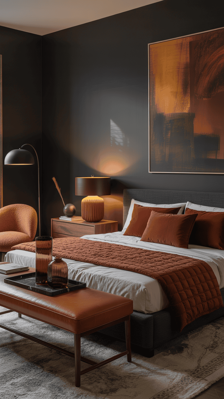 Medium room shot, Moody Maple Modern: walls in smoky charcoal (or forest green) with a low-profile upholstered graphite bed; rust velvet pillows and a merlot quilt layered on the bed; cognac leather bench at the foot; walnut nightstands; sculptural textures including a ribbed ceramic table lamp, a boucle accent chair, and a matte black arc floor lamp; oversized abstract art in autumnal tones; smoked glass vases, black marble tray, minimal brass hardware; illuminated with warm 2700K bulbs to soften the dark walls; modern, moody, photorealistic.