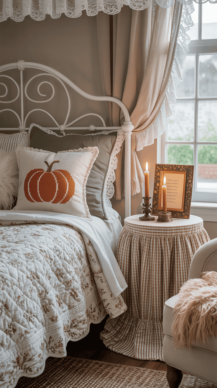 Detail closeup, Cottagecore Pumpkin Spice: white iron bed against light taupe walls, showing a quilt with tiny florals, a needlepoint pumpkin pillow, and lace sheers layered under heavier curtains for dreamy depth; hint of a ruffled valance above; soft mohair throw draped over a nearby slipper chair edge; accents of buttercream, sage, and pumpkin tones; include pressed-leaf frames and beeswax taper candles on a skirted nightstand with ticking stripe; gentle morning light, cozy storybook vibe, photorealistic.