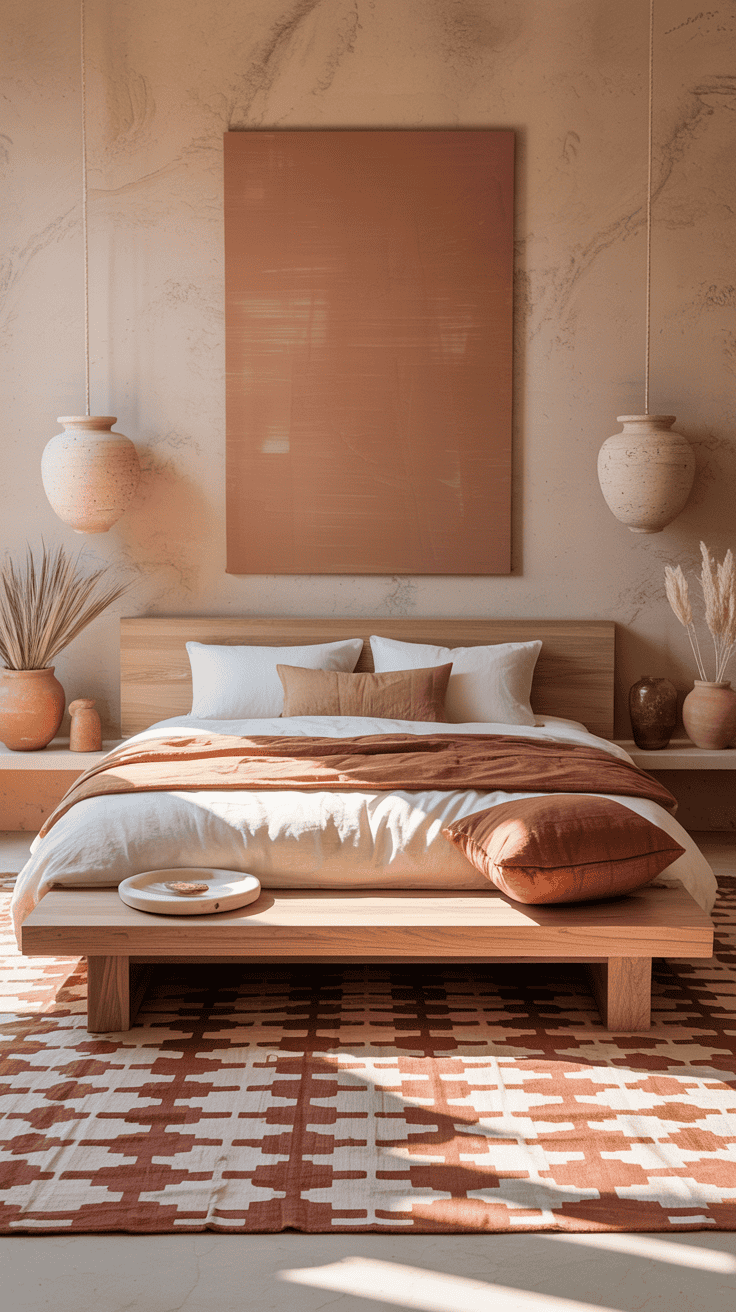 Wide, minimalist Desert Ember bedroom: terracotta, clay, and sand palette; natural oak platform bed with crisp white bedding and a clay-colored linen duvet; flatweave kilim rug with rust and cream geometric pattern; ceramic sconces with a hand-thrown feel on the wall; a low, chunky woven-fiber bench at the foot of the bed; above the bed, a single oversized clay-toned canvas; terracotta planters with dried grasses, alabaster catchall, and a stack of sand-hued throw pillows; linen panels in warm white slightly pooled; serene sunlit ambiance, photorealistic.