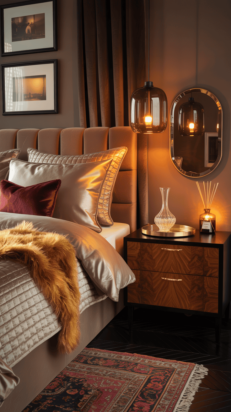 Medium hotel-glam vignette, Luxe Amber Hotel: plush mocha velvet upholstered headboard with layered satiny sheets, a quilted coverlet, and a golden faux fur throw; smoked glass pendant lights hanging over nightstands; brushed brass hardware and a burled-wood dresser visible to the side; round bevel-edged mirror reflecting warm light; Persian-style rug with cranberry and gold threads; velvet drapes grazing the floor; crystal carafe on a tray, velvet lumbar pillows, amber reed diffuser; framed sepia photography on wall; warm, luxurious evening glow, photorealistic.
