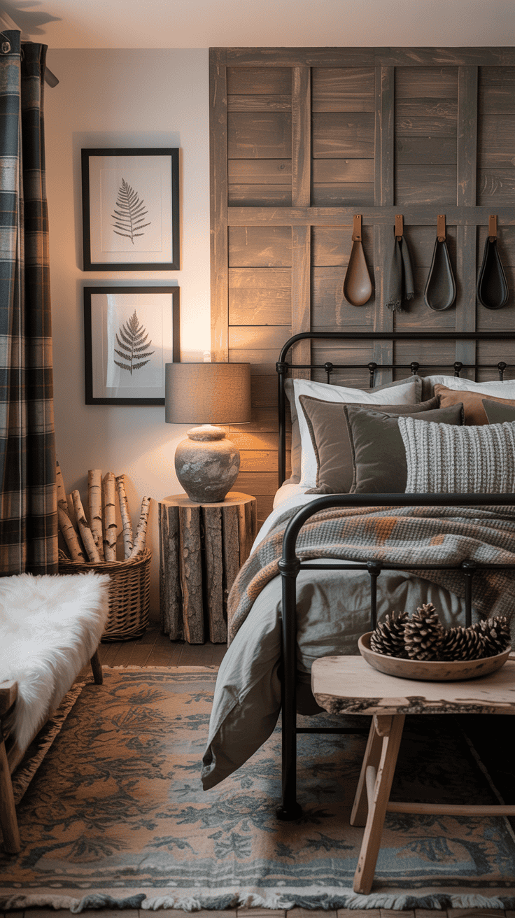 Corner-angle shot, Woodland Cabin Chic: feature wall with paneled wood or wood-look slats, other walls warm white; black metal bed layered with flannel sheets, chunky knit throw, and moss-green pillows; live-edge nightstand with stoneware lamp; framed charcoal fern sketches above; shearling-topped bench and a patterned wool rug in forest tones; basket of birch logs nearby; pinecones in a wooden bowl, plaid curtain panels, matte-black hooks with leather straps; softly diffused warm light, elevated cabin mood, photorealistic.