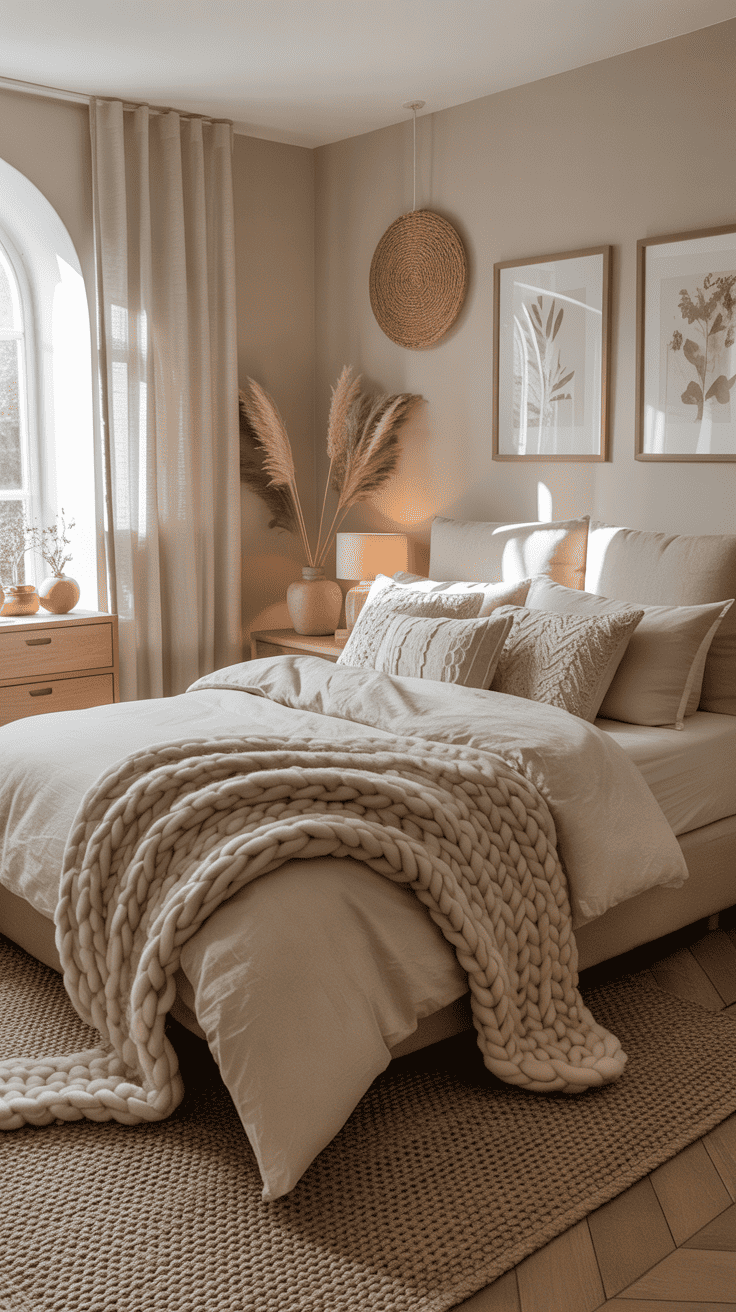 Warm neutral fall bedroom with cream bedding, boucle cushions, chunky knit throw, oak furniture, and soft natural light.