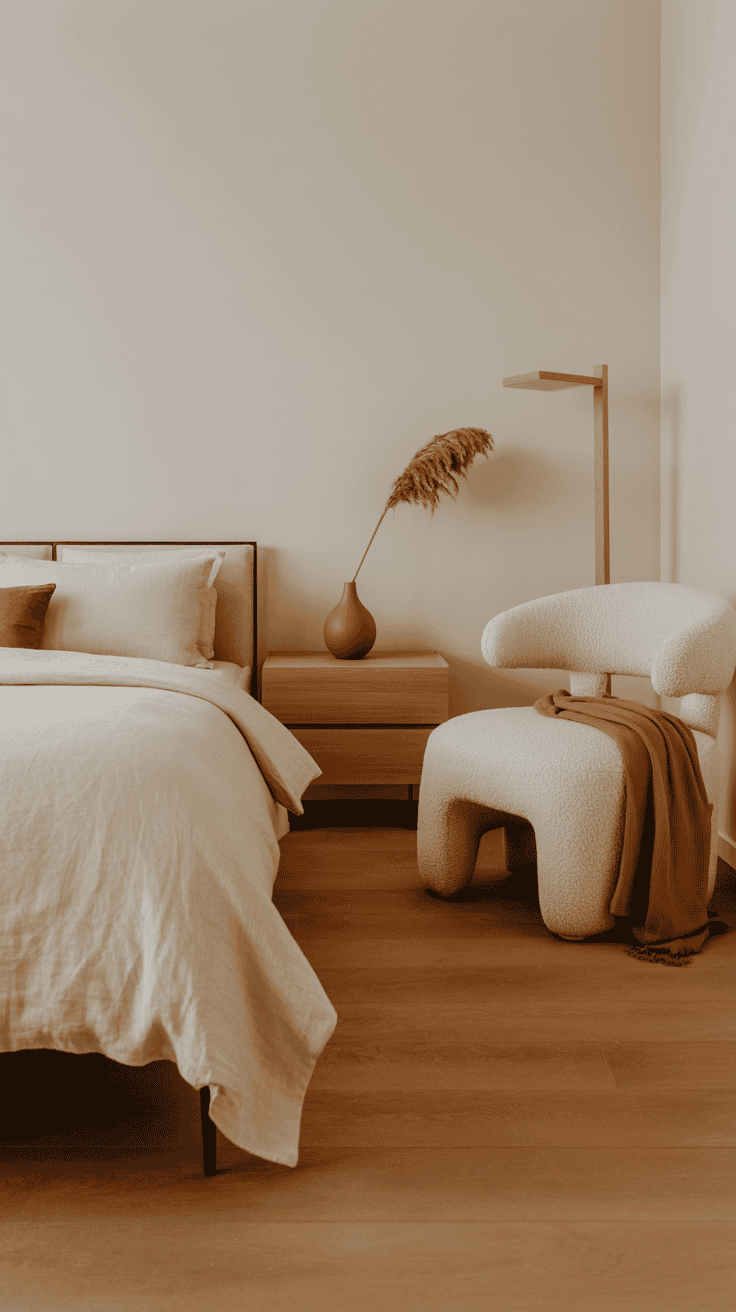 Modern minimalist fall bedroom with cream bedding, a boucle chair, oak furniture, and subtle rust accents.