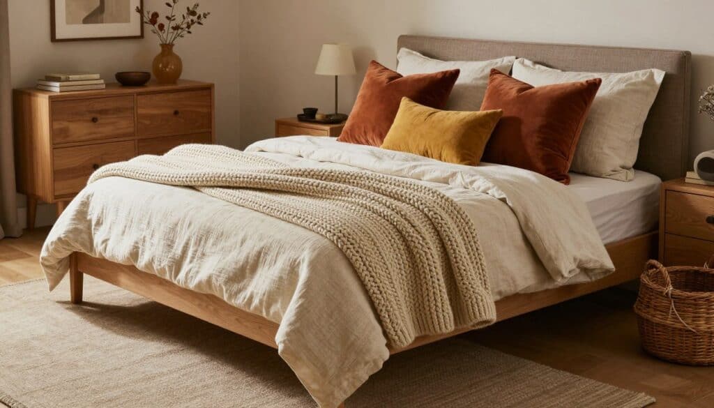 Layered fall bedroom with chunky knit throws, velvet pillows, linen bedding, and woven accents