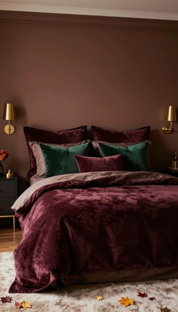 Luxury dark bedroom with velvet bedding, burgundy cushions, brass lighting, and elegant fall styling.