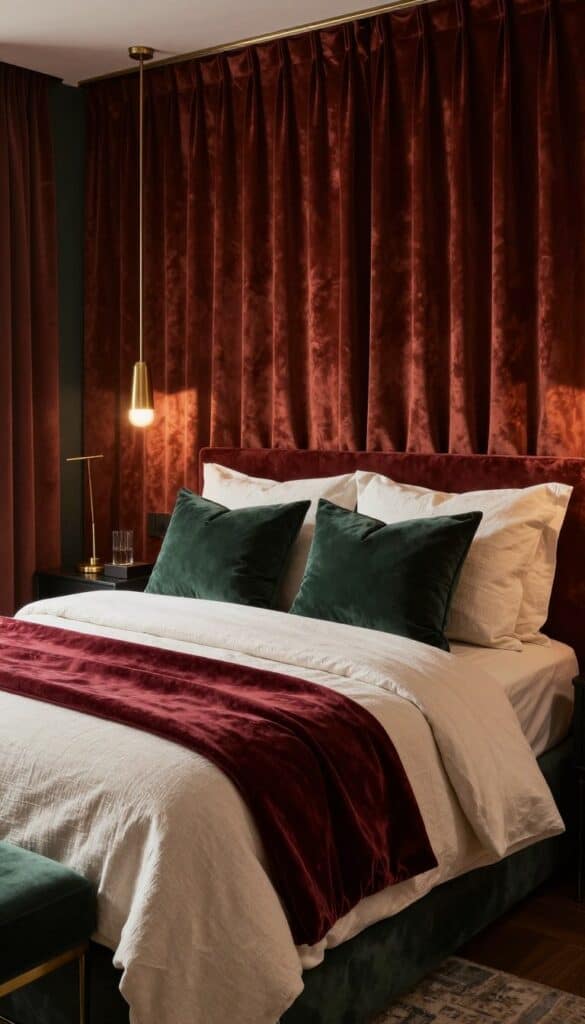 Luxury fall bedroom layered with velvet bedding, cushions, curtains, and brass accents
