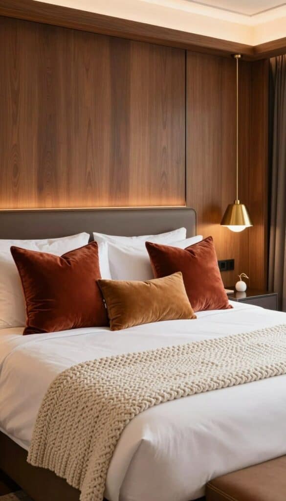 Luxury fall bedroom with layered white bedding, velvet cushions, brass lighting, and elegant autumn styling.