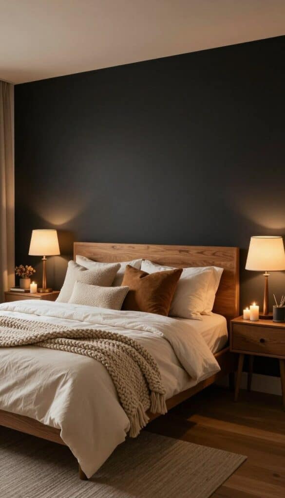 Modern bedroom with a black accent wall, boucle cushions, chunky knit blankets, and warm autumn lighting.