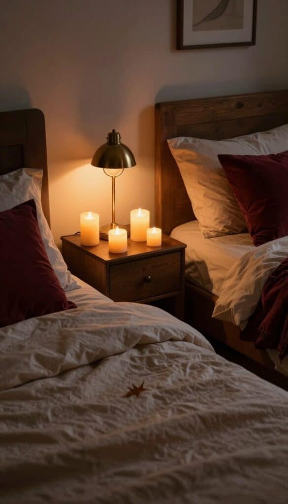 Moody bedroom with glowing candles, warm table lamps, soft blankets, and cozy autumn styling