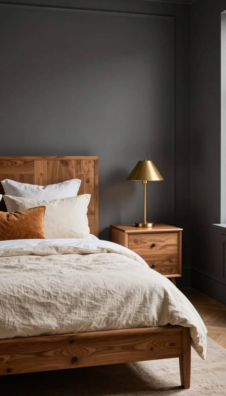 Moody fall bedroom with charcoal walls, oak furniture, cream bedding, and warm ambient lighting