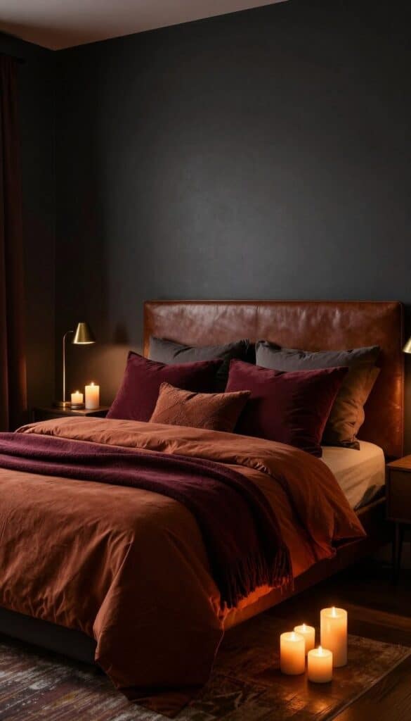 Moody fall bedroom with charcoal walls, rust bedding, warm wood furniture, and glowing candlelight.