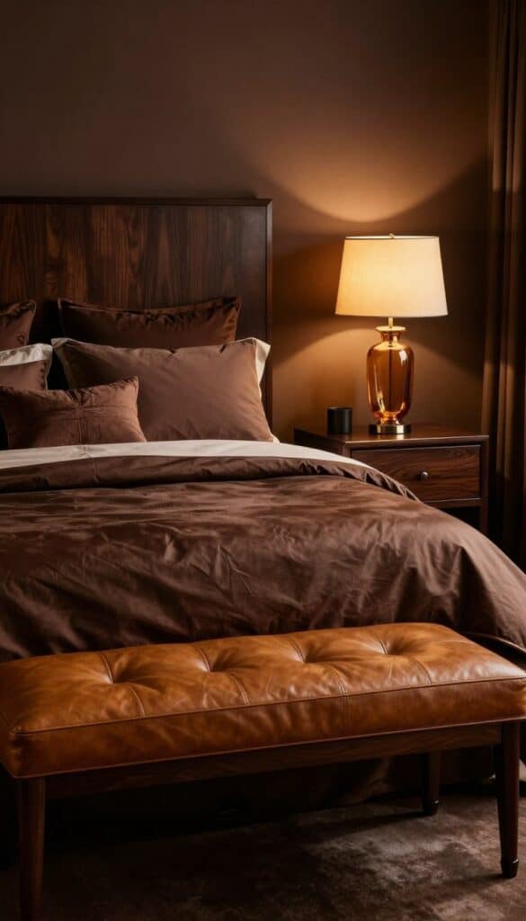 Chocolate brown bedroom with leather bench and walnut furniture