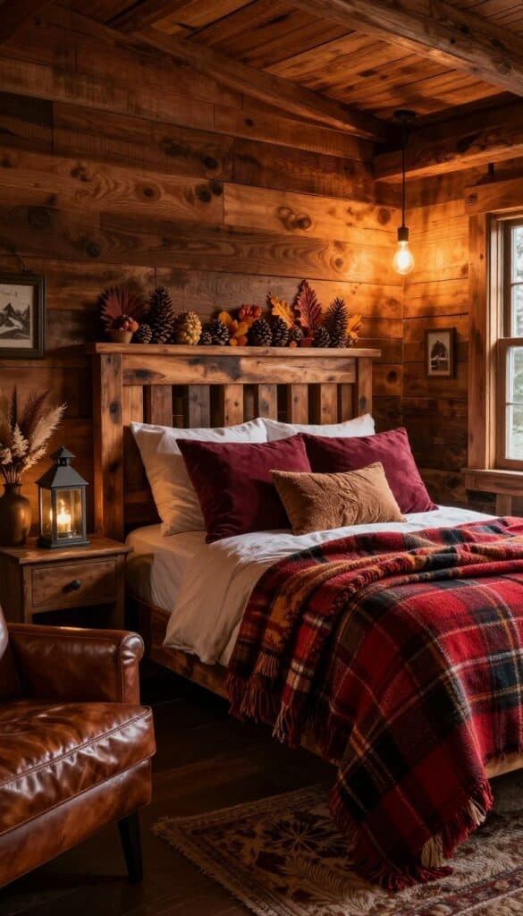 Rustic cabin bedroom with plaid blankets, reclaimed wood furniture, leather accents, and warm amber lighting.