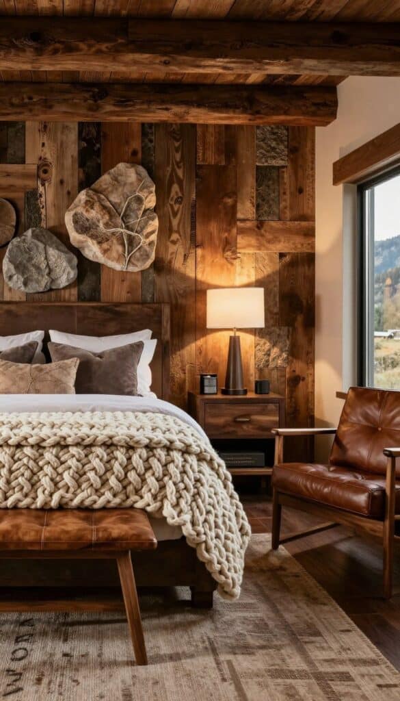 Rustic moody bedroom with reclaimed wood, stone accents, and cosy bedding