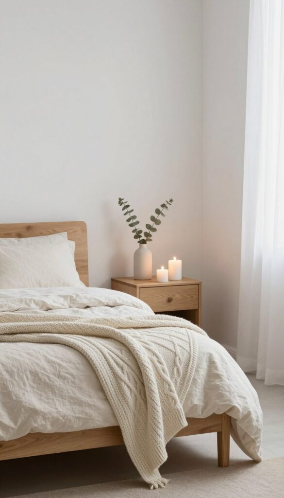Scandinavian fall bedroom with light wood furniture, cream bedding, knitted blankets, and soft candlelight.