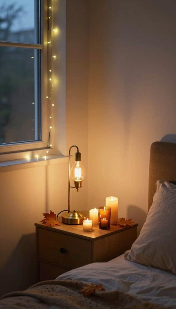 Warm fall bedroom with bedside lamps, candles, fairy lights, and soft ambient autumn lighting