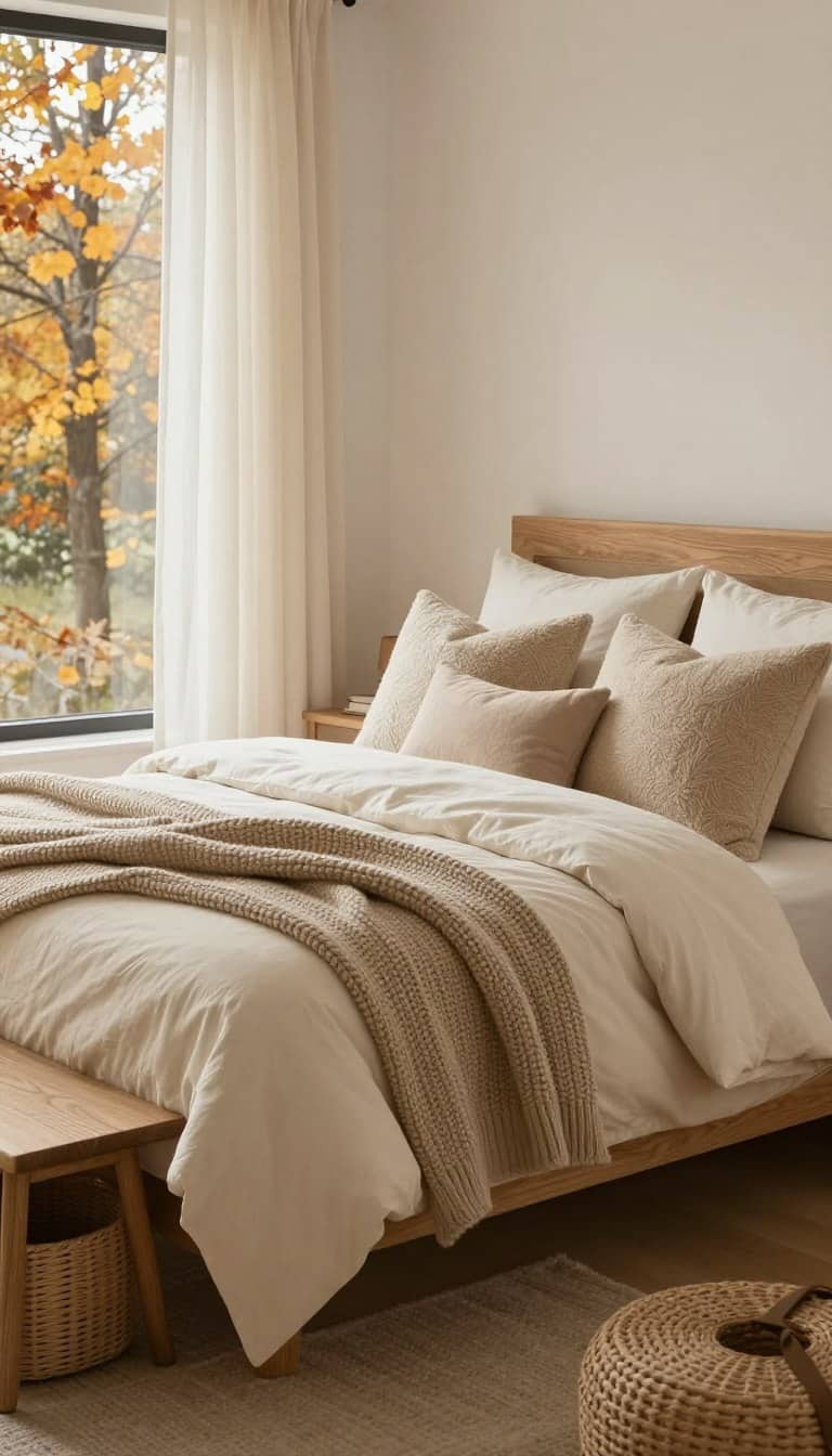 Warm neutral fall bedroom with cream bedding, chunky knit throw, boucle pillows, and natural wood furniture creating cozy fall bedroom looks