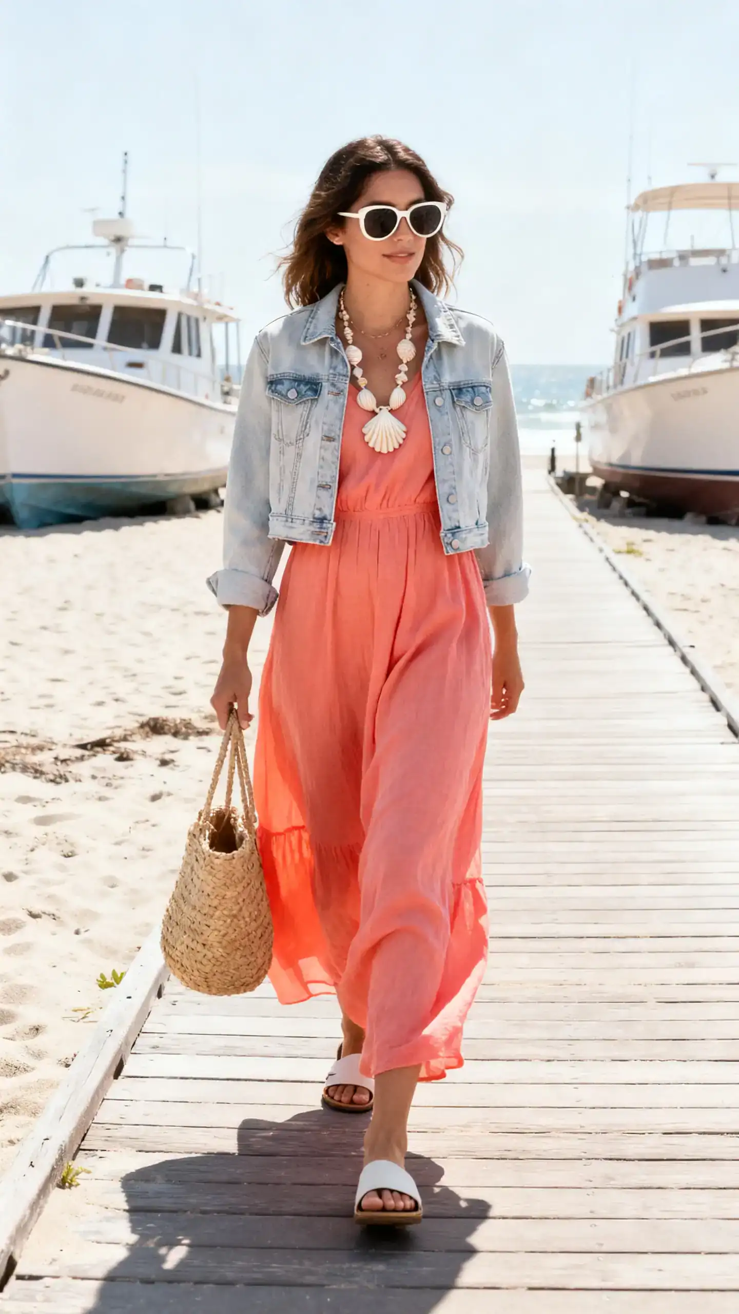 Candid photo of a woman in a coral cotton-voile maxi dress, cropped light-wash denim jacket, slide sandals, straw tote, shell jewelry, and oversized sunglasses; walking along a beach boardwalk toward boats, face slightly blurred, sunny coastal light, iPhone photo quality.