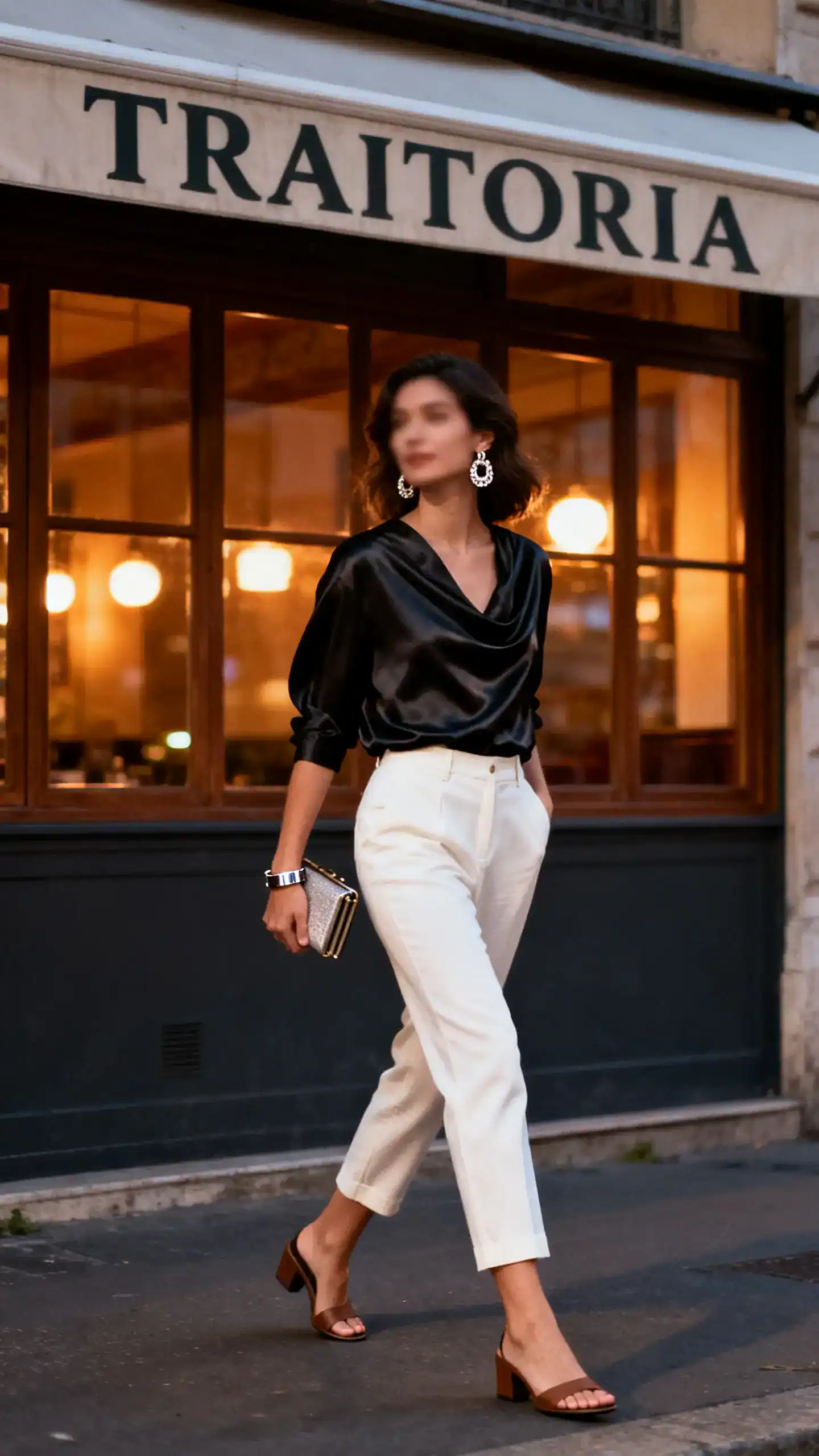 Candid photo of a woman in a draped black satin blouse, cropped straight-leg pants (ivory), low block-heel sandals, a compact clutch, statement earrings, and a sleek bracelet; walking past a trattoria at dusk, face slightly blurred, warm streetlight glow, iPhone photo quality, unstaged.