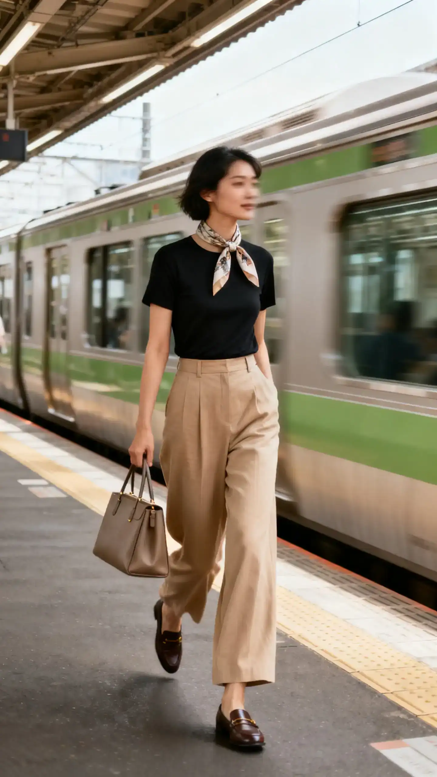 Candid photo of a woman in high-waisted wide-leg trousers (sand), fitted black tee, silk scarf tied at the neck, loafers, and a structured tote; walking through a train platform with motion blur, face slightly blurred, natural daylight, iPhone photo quality.
