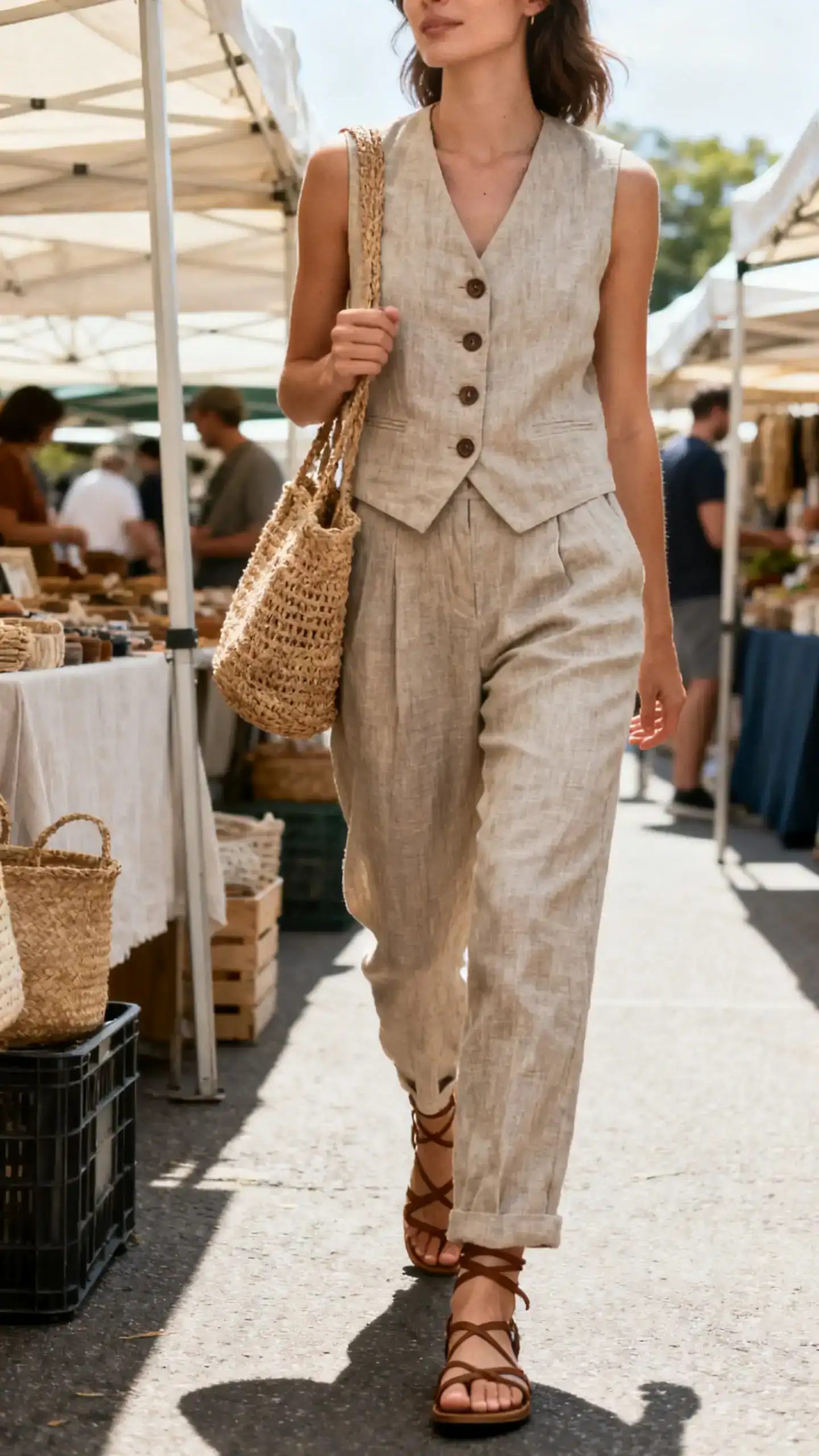 Candid photo of a woman in linen-blend tailored pants with a buttoned vest to match, strappy sandals, and woven bag, strolling through a weekend market, face slightly blurred, natural daylight, iPhone photo quality