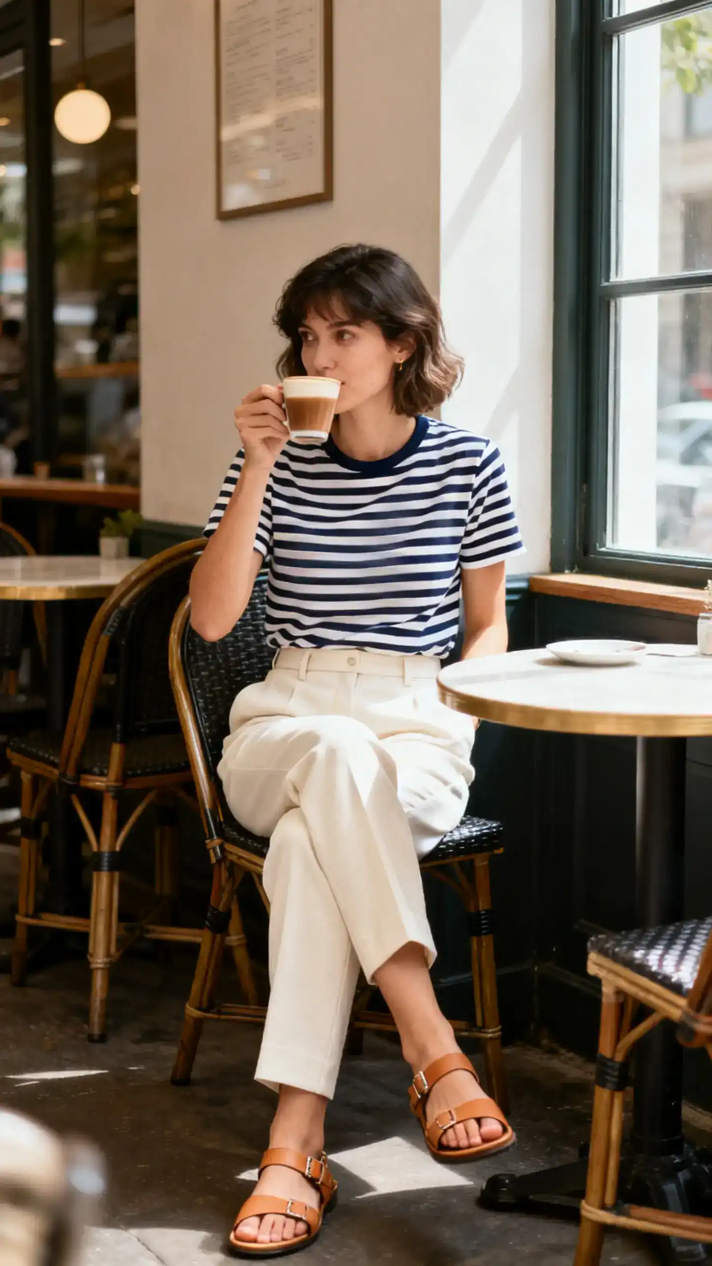 Candid photo of a woman wearing cream tailored pants with a navy-and-white striped tee and tan sandals, sipping coffee at an outdoor cafe, face looking away, gentle window light, iPhone photo quality